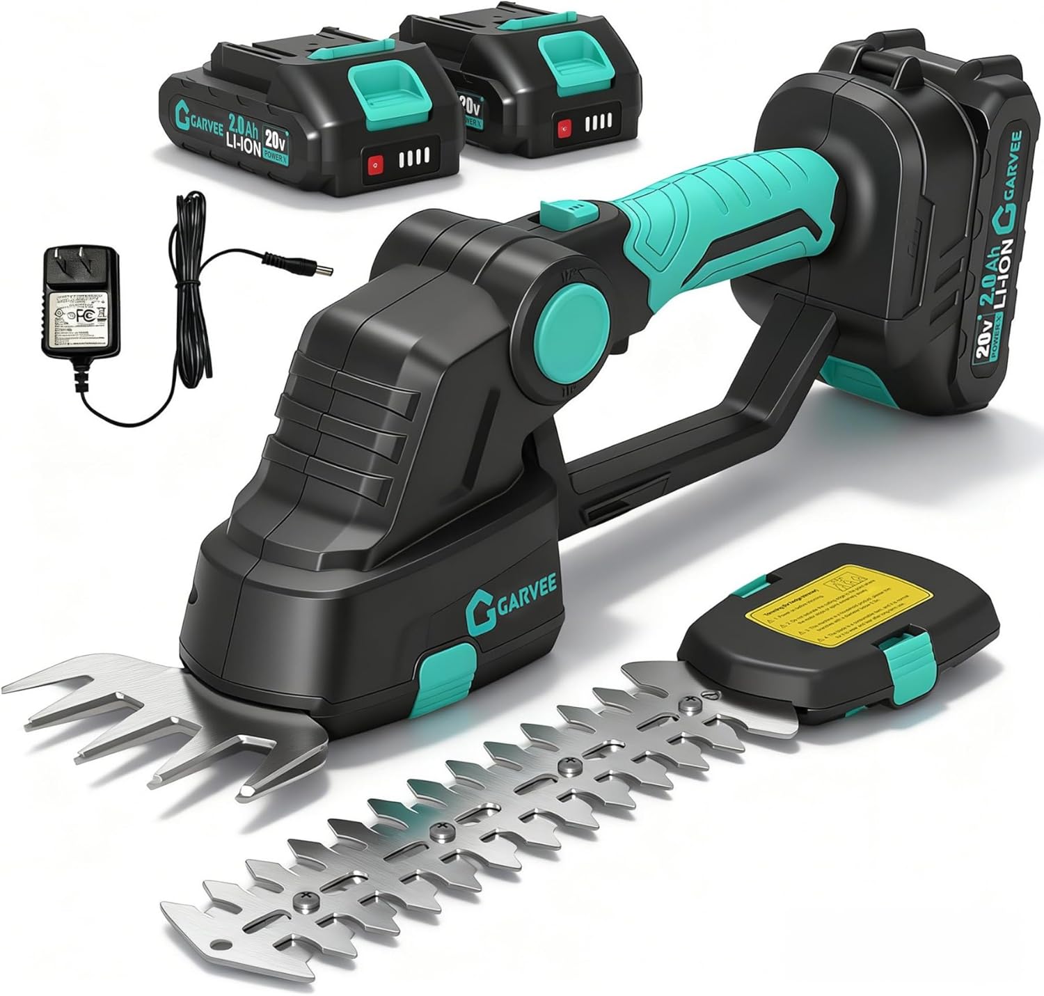 20V Cordless Hedge Trimmer, 2 in 1 Electric Bush Trimmer, Handheld Grass Shear with 2×2.0Ah Rechargeable Batteries &