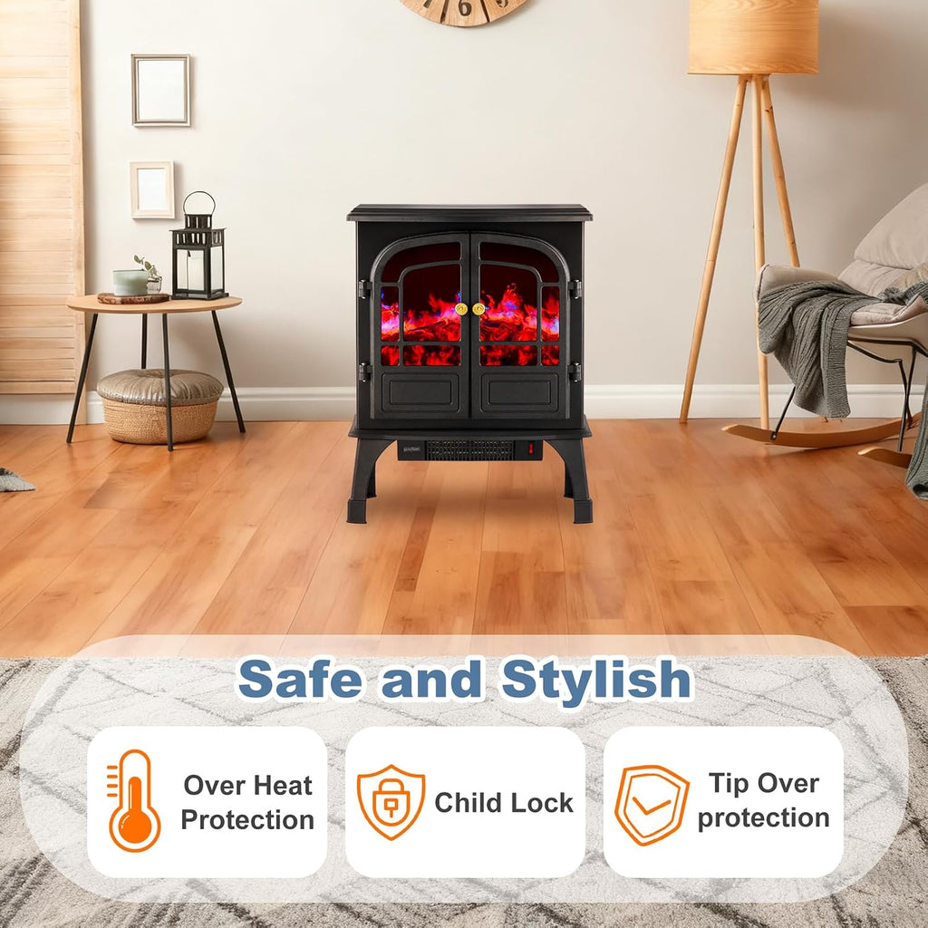 Electric Fireplace Heater, 26" Freestanding Two Door Electric Fireplace Stove with 3D Flame Effect & Remote Control