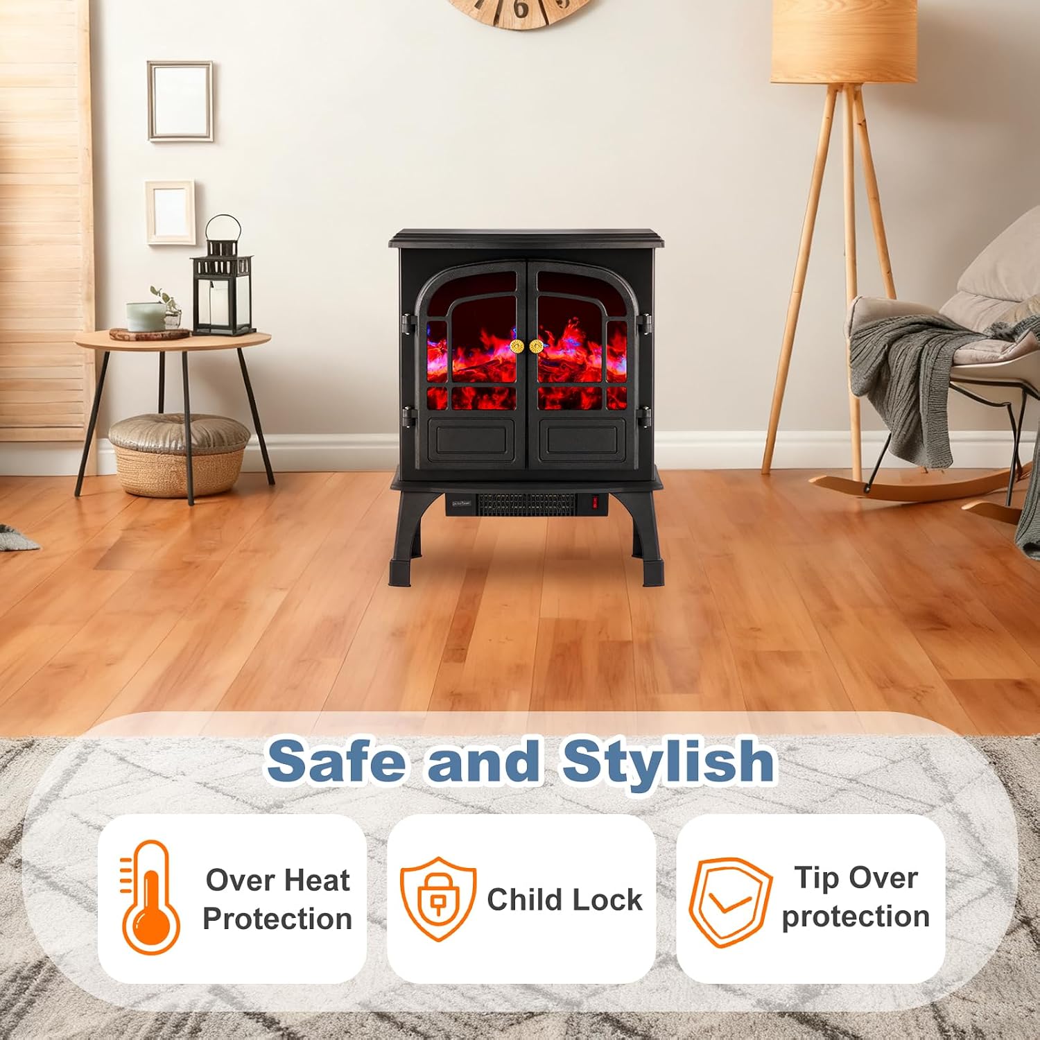 Electric Fireplace Heater, 26" Freestanding Two Door Electric Fireplace Stove with 3D Flame Effect & Remote Control