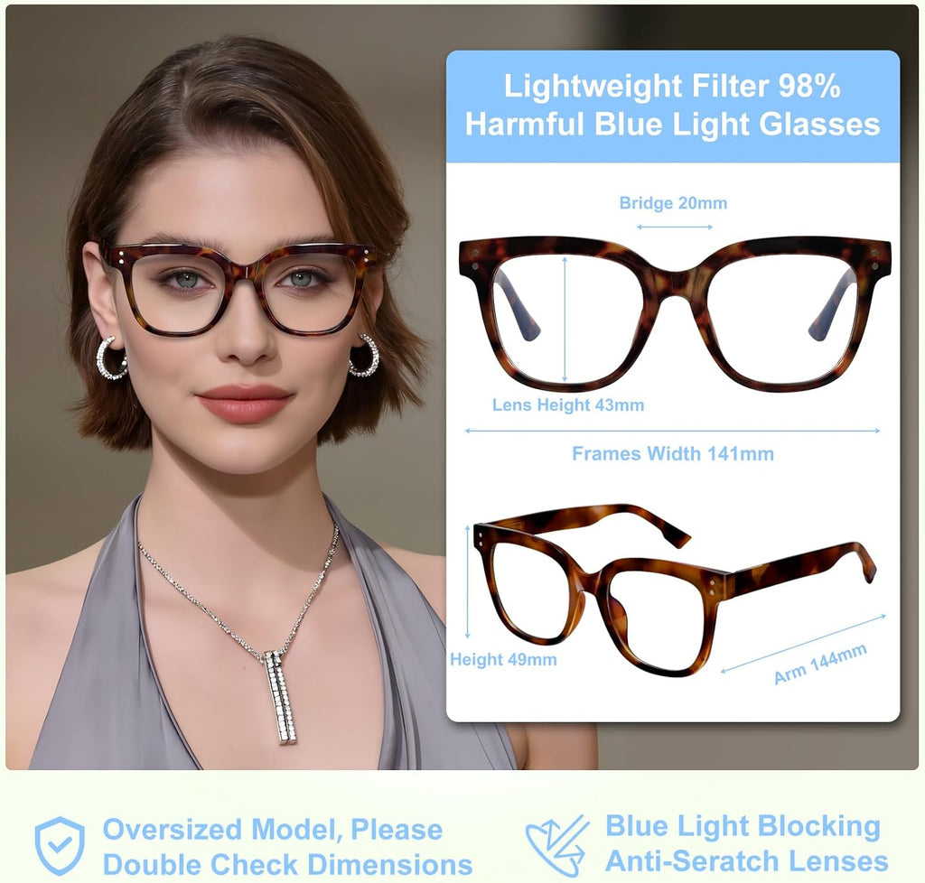 Women Blue Light Blocking Glasses, Oversized Computer Screen Eyewear | 3 Pack Fashion TR90 Computer Eyewear with