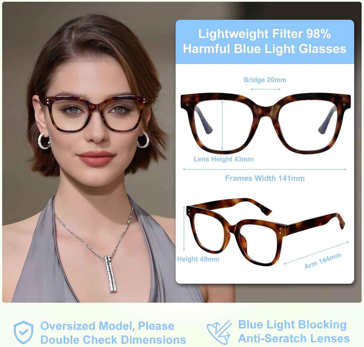 Women Blue Light Blocking Glasses, Oversized Computer Screen Eyewear | 3 Pack Fashion TR90 Computer Eyewear with