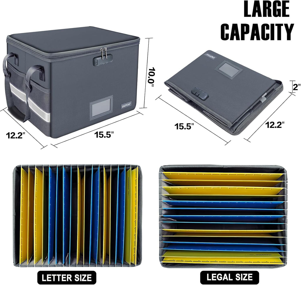 File Box with Lock, Fireproof Document Box with Zipper Lid, Collapsible File Organizer Storage Filing Cabinet with