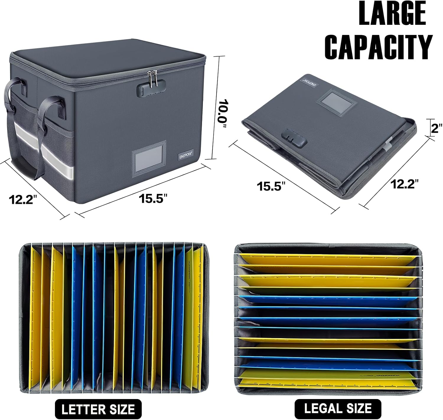 File Box with Lock, Fireproof Document Box with Zipper Lid, Collapsible File Organizer Storage Filing Cabinet with