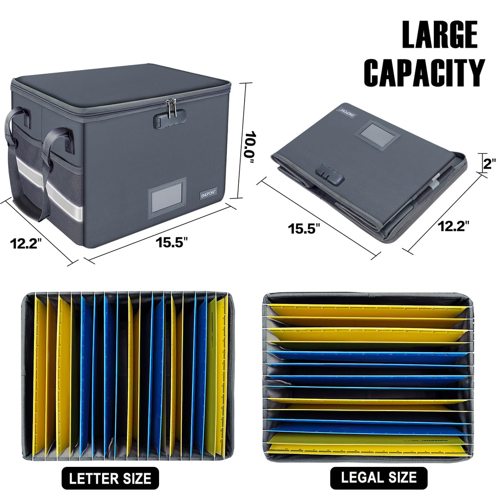 File Box with Lock, Fireproof Document Box with Pockets, Collapsible File Organizer Filing Storage Cabinet with