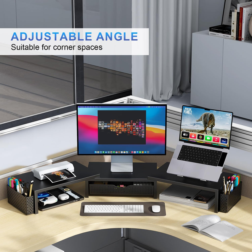 Dual Monitor Stand Riser, Desk Organizer With Drawer and 2 Pen Holders, Computer Monitor Stand, Desk Shelf for Top of