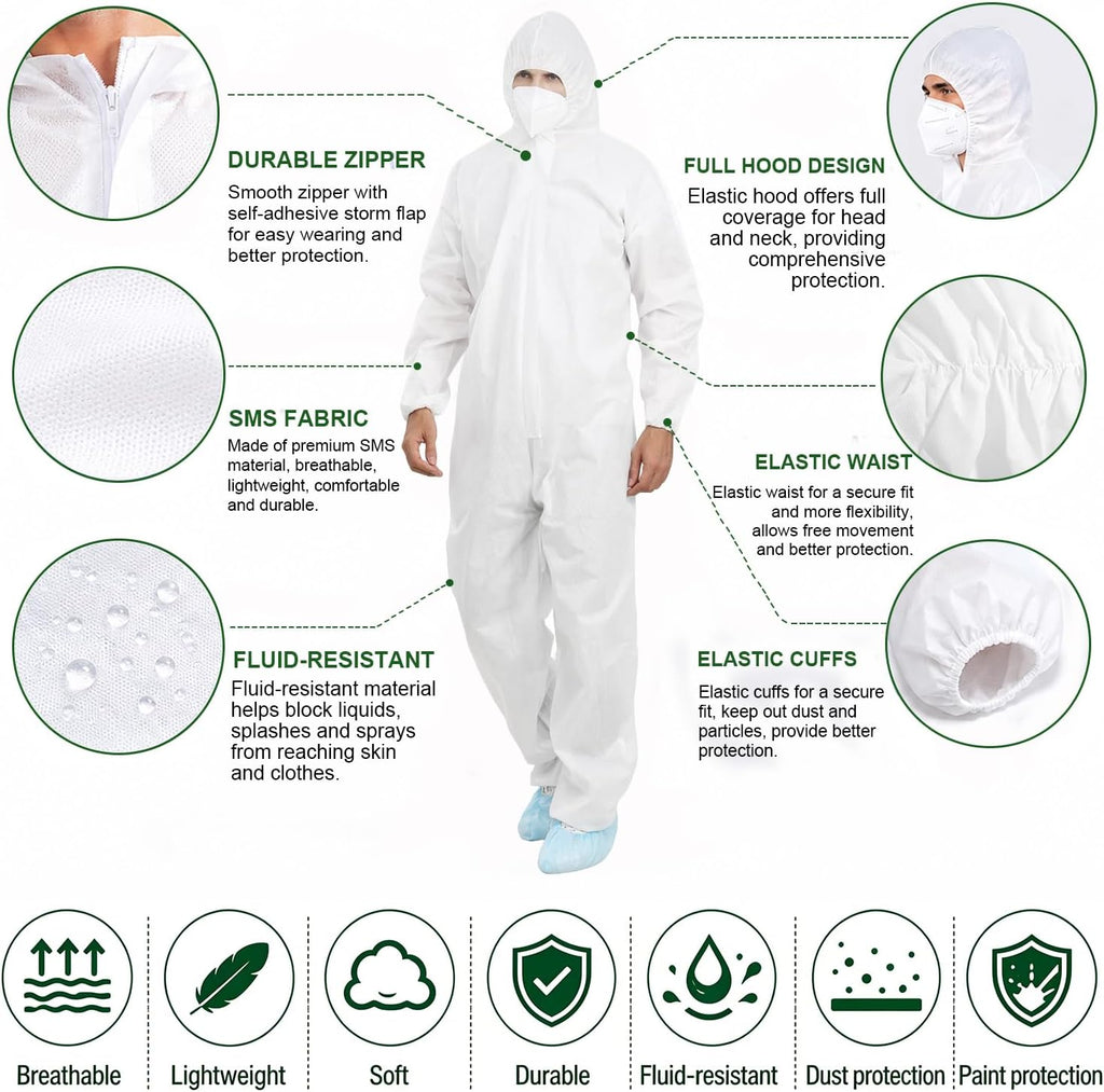 12 Pack Disposable SMS Hazmat Suits with Hood White M-3XL | 5 Size Options, High Density SMS Material Coveralls, Tear