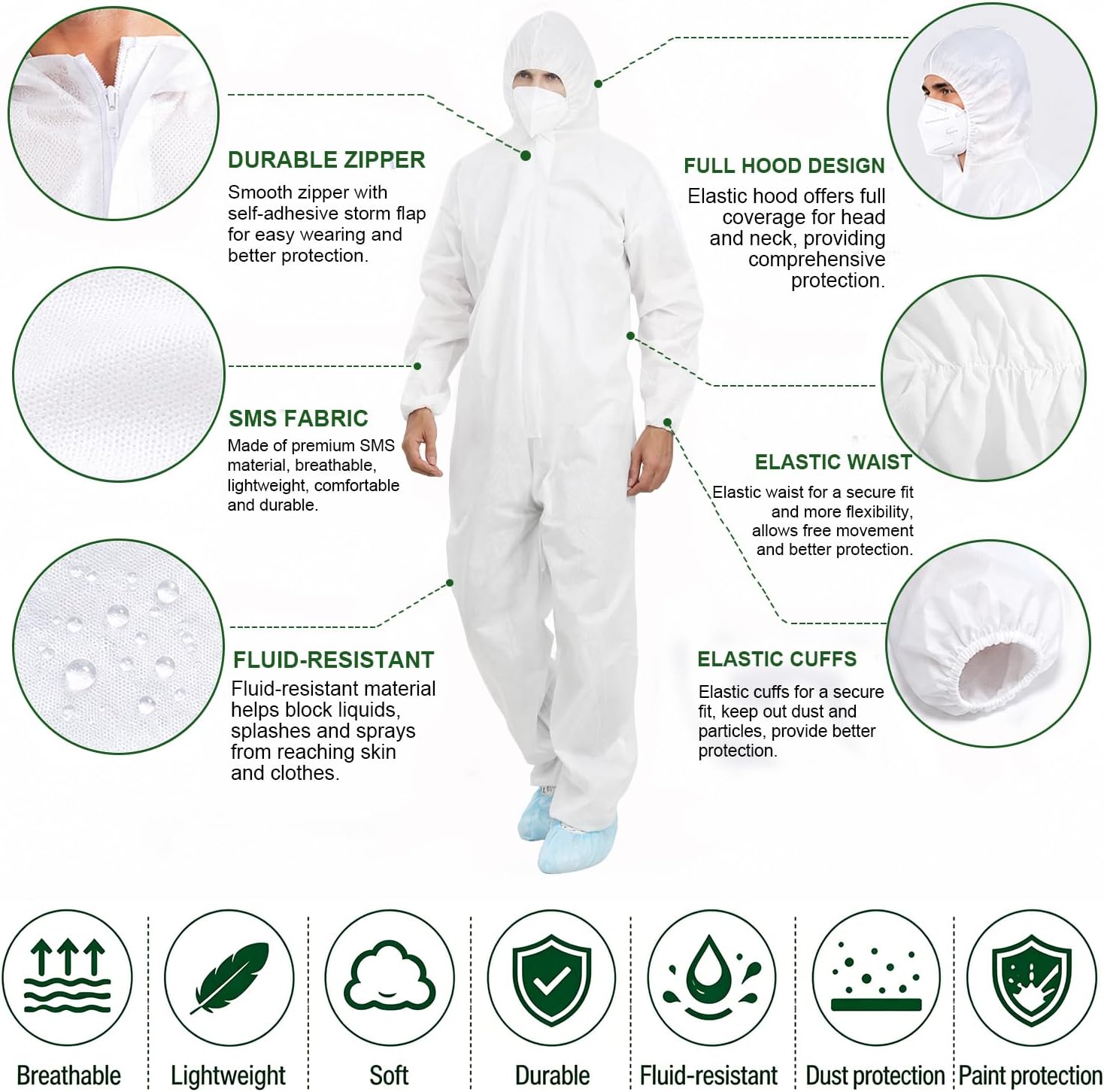 12 Pack Disposable SMS Hazmat Suits with Hood White M-3XL | 5 Size Options, High Density SMS Material Coveralls, Tear