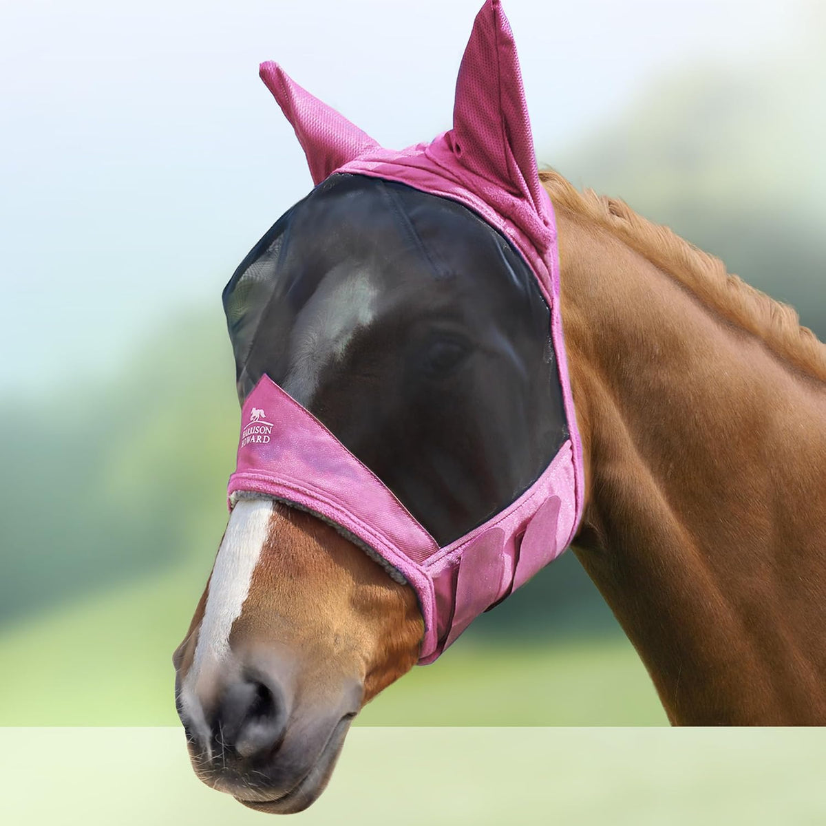 CareMaster Pro Luminous Horse Fly Mask Large Eye Space Standard with Ears UV Protection for Horse Light Pink Full Size