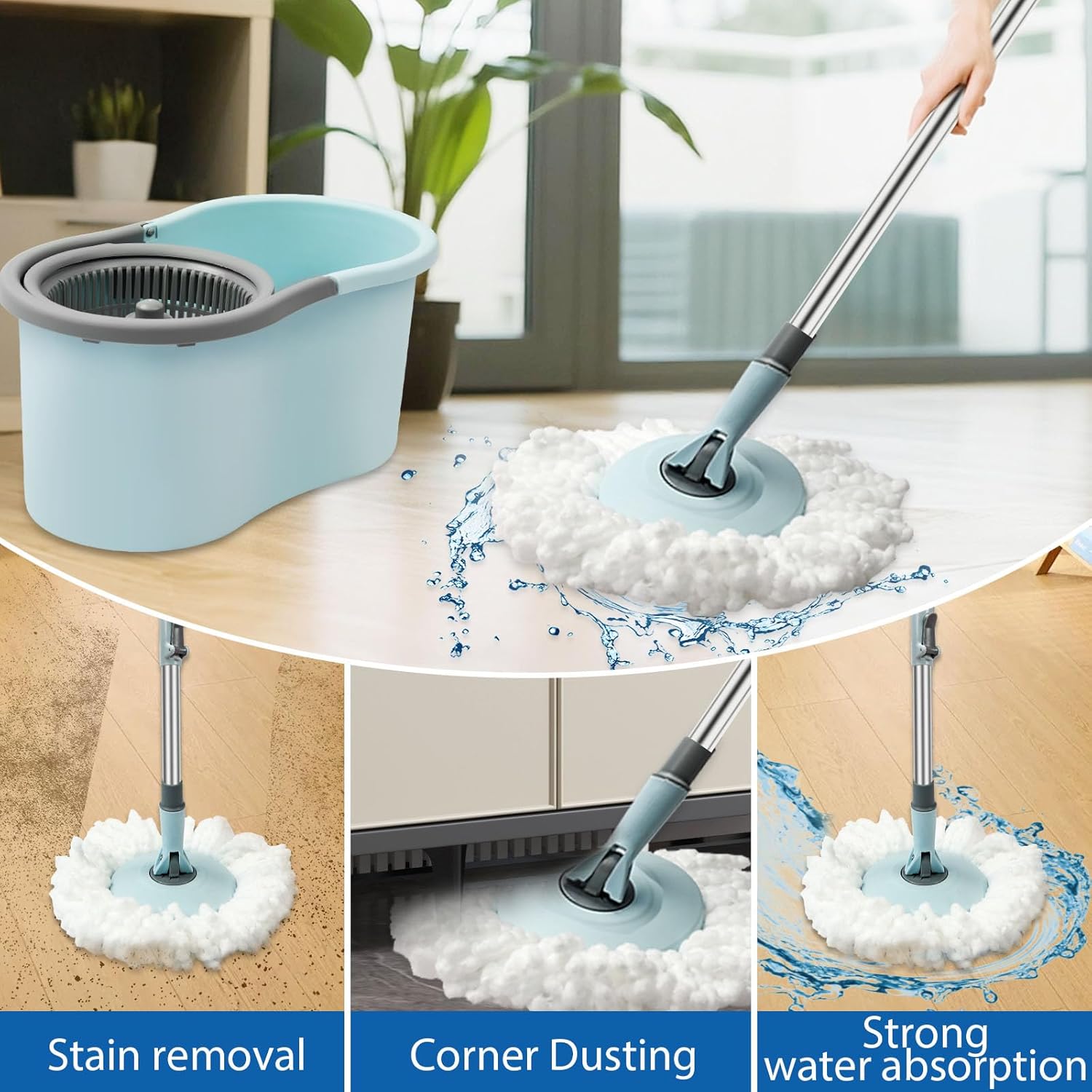 Spin Mop and Bucket, Mop and Bucket with Wringer Set for Home, 360 Spinning Mop Bucket Floor Cleaning Tool with 3