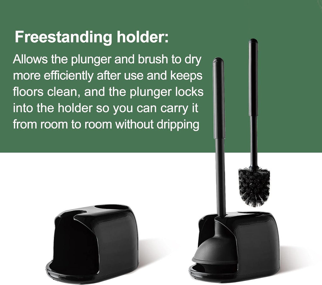 Toilet Plunger and Brush Set, 2-in-1 Compact Holder, Black | Unclogs Toilets, Deep Cleans Bowls, Nylon Bristles