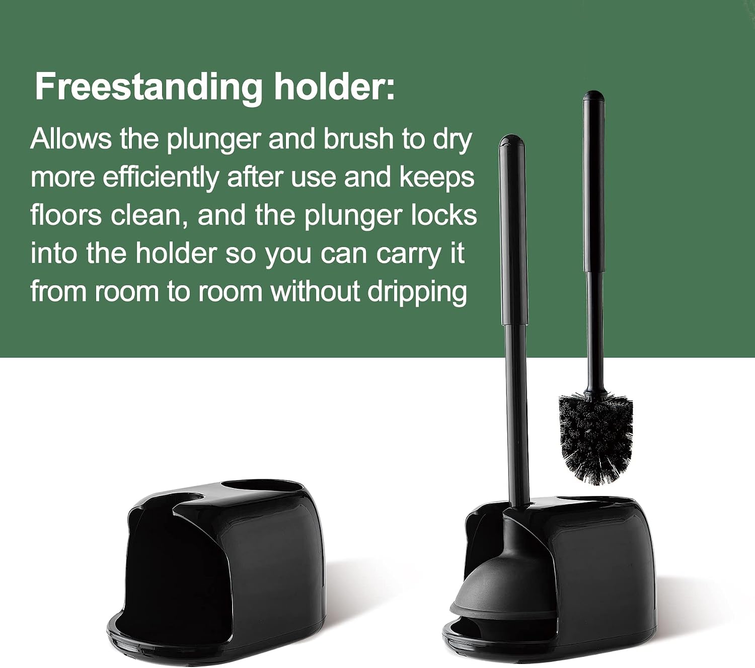 Toilet Plunger and Brush Set, 2-in-1 Compact Holder, Black | Unclogs Toilets, Deep Cleans Bowls, Nylon Bristles
