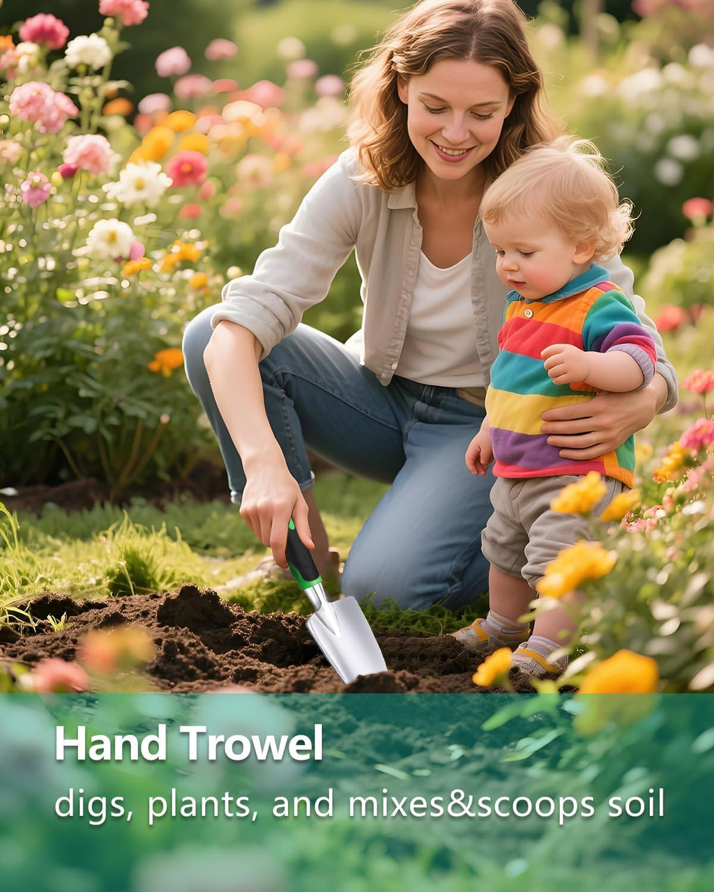 Garden Tools, Heavy Duty Cast-Aluminum Garden Tool Set with Hand Trowel, Transplant Trowel, Cultivator Rake, Soft