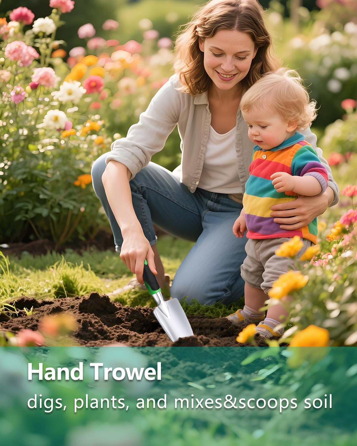 Garden Tools, Heavy Duty Cast-Aluminum Garden Tool Set with Hand Trowel, Transplant Trowel, Cultivator Rake, Soft