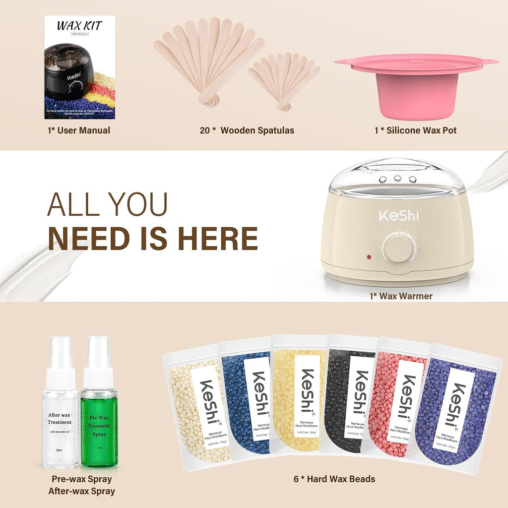 Waxing Kit, Painless Hair Removal Wax Warmer with 6 Bags Wax Beans(Ivory)