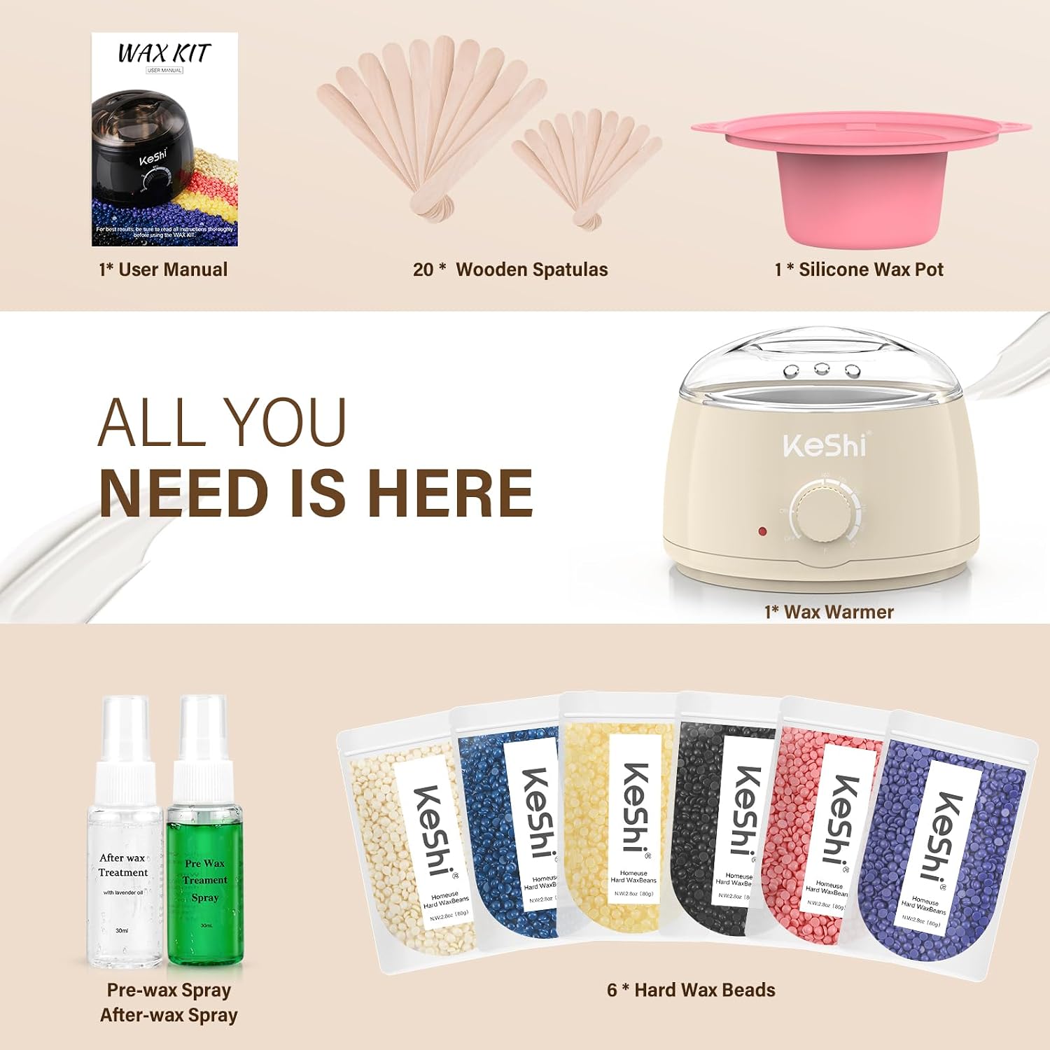 Waxing Kit, Painless Hair Removal Wax Warmer with 6 Bags Wax Beans(Ivory)