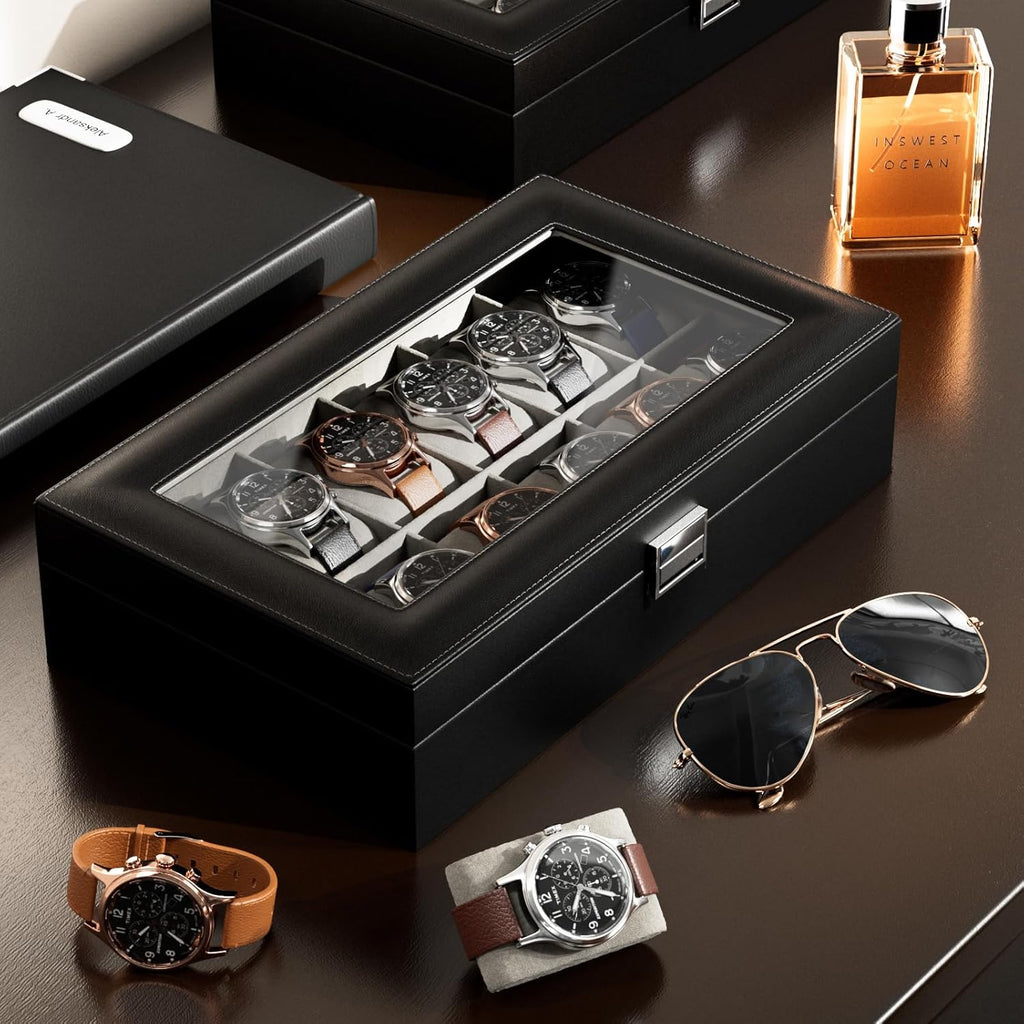 Watch Box Organizer, 12 Slot Watch Display Case, Black | Watches Storage Boxes Holder for Men Women, Large Glass Lid