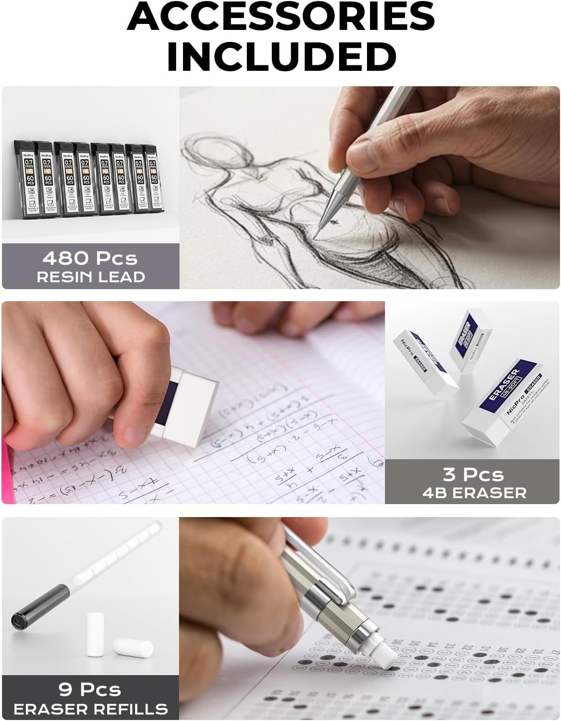 4 Pack Mechanical Pencil 0.7mm, MB1000 Metal Mechanical Pencil Set | 6 Tube HB #2 Lead Refill 0.7 mm, 3PCS 4B Eraser