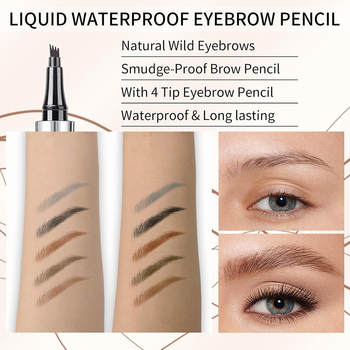Eyebrow 4 Tip Brow Pencil, Microblading Pen Waterproof Long-Lasting with Upgrade Micro-Fork Tip Applicator for