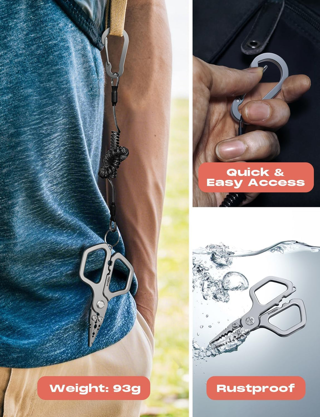 17-4 Fishing Pliers, Saltwater Resistant Fishing Scissors,Tungsten Cutters, Knot Tying Tool with Lanyard, Split Ring