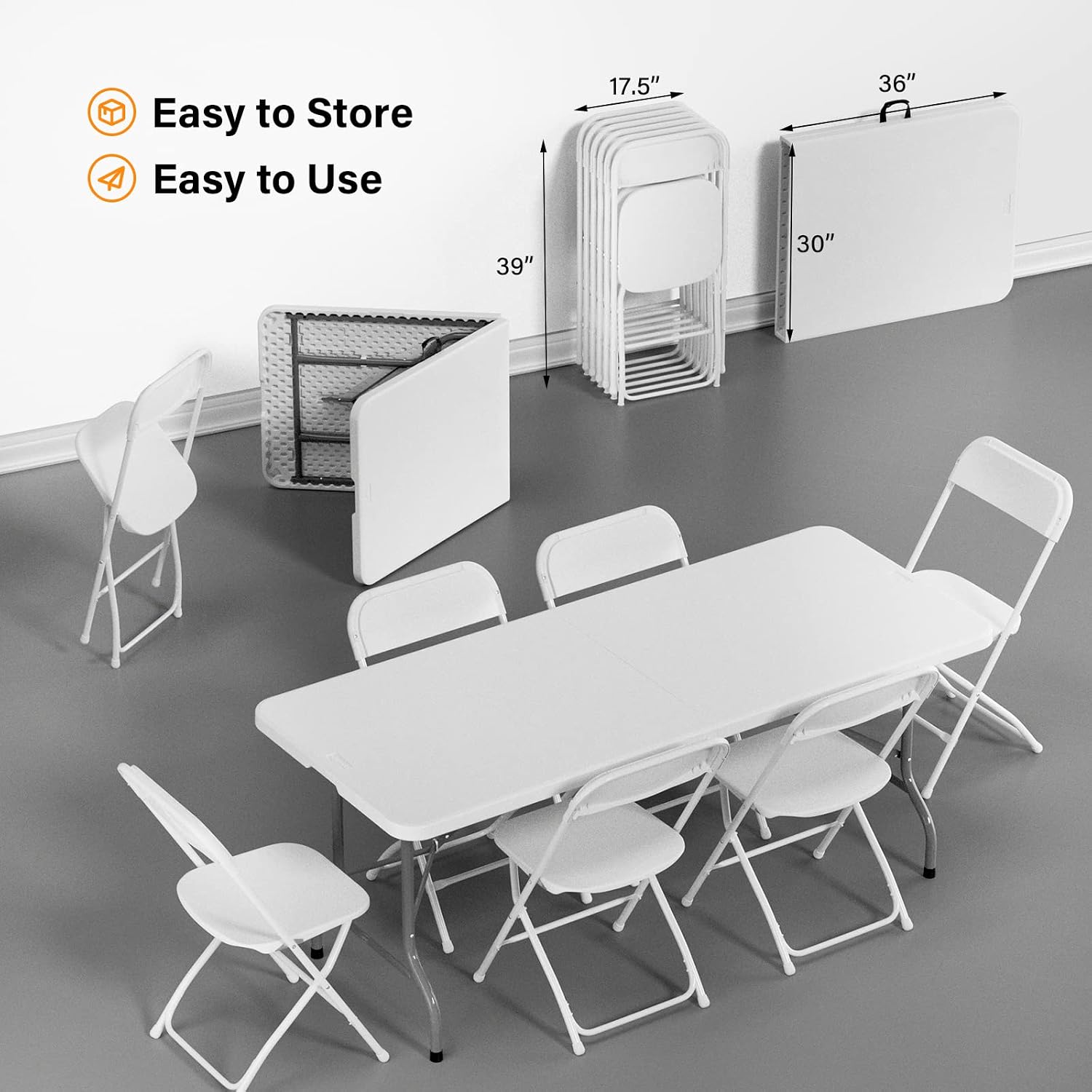 6 FT Plastic Folding Table Set with 8 White Folding Chairs for Picnic, Event, Training, Outdoor Activities, at Home