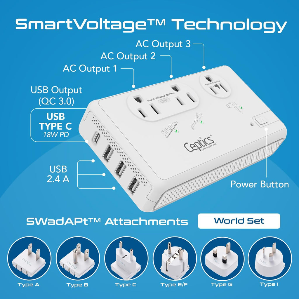 2000W Travel Voltage Converter for Hair Dryer & 200W Convert 220V to 110V for Curling Iron, Straightener, Chargers