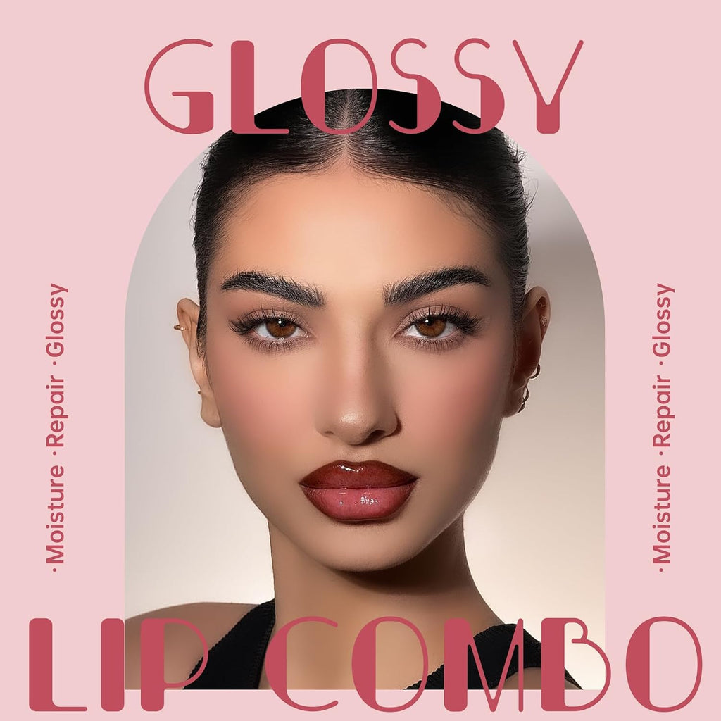 Rose Pink Lip Kit with Nourishing Lip Gloss&Brown Lip Liner Combo | Moisturizing High Shine Finish for Juicy Volume