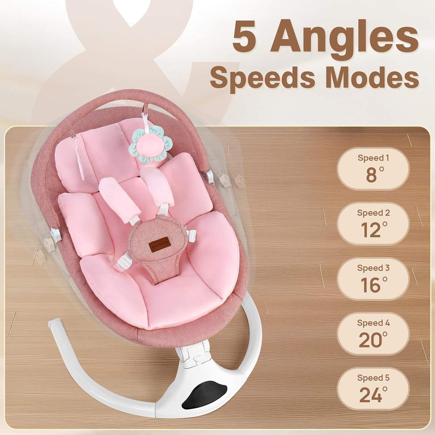 Portable Baby Swing with Remote Control Bluetooth Music 5-Speed Timer Pink | 5‑point safety harness, machine washable