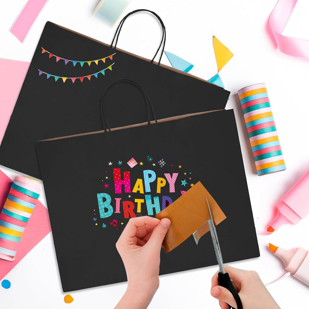 25 Pack Large Black Paper Bags with Handles, 16x6x12 Inch