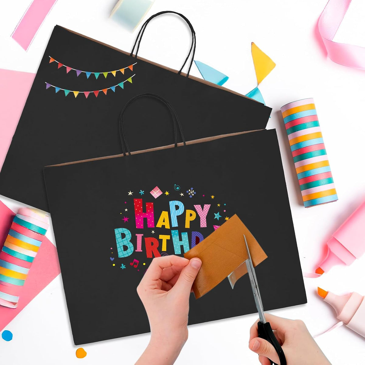 25 Pack Large Black Paper Bags with Handles, 16x6x12 Inch