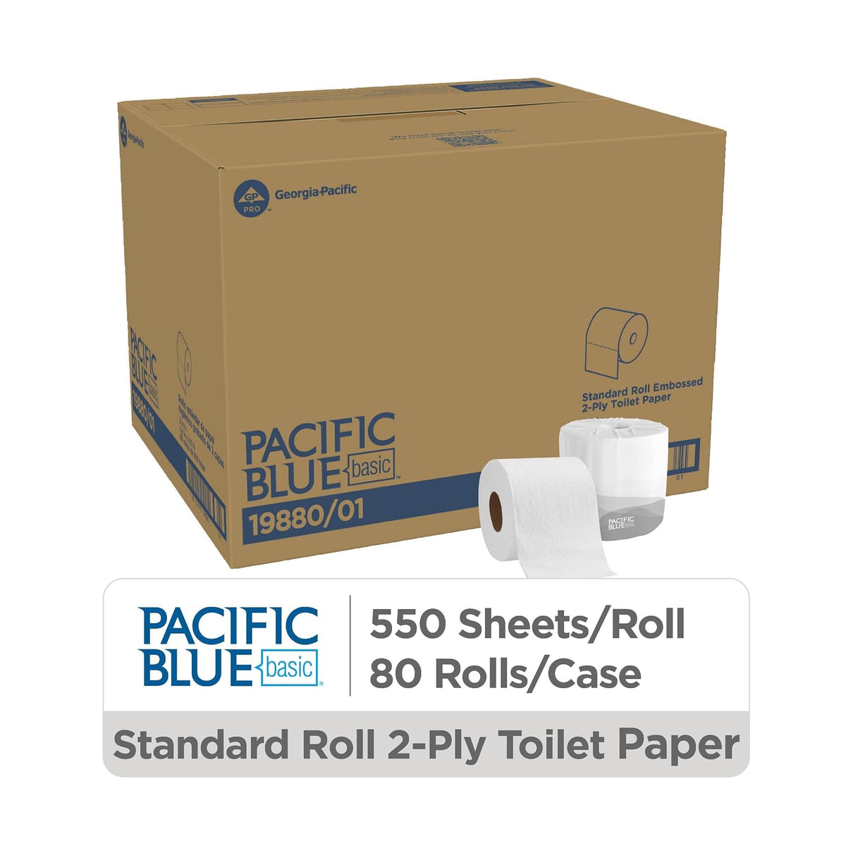 Pacific Blue Basic 2-Ply Embossed Toilet Paper,19880/01, 550 Sheets Per Roll, 80 Rolls Per Case