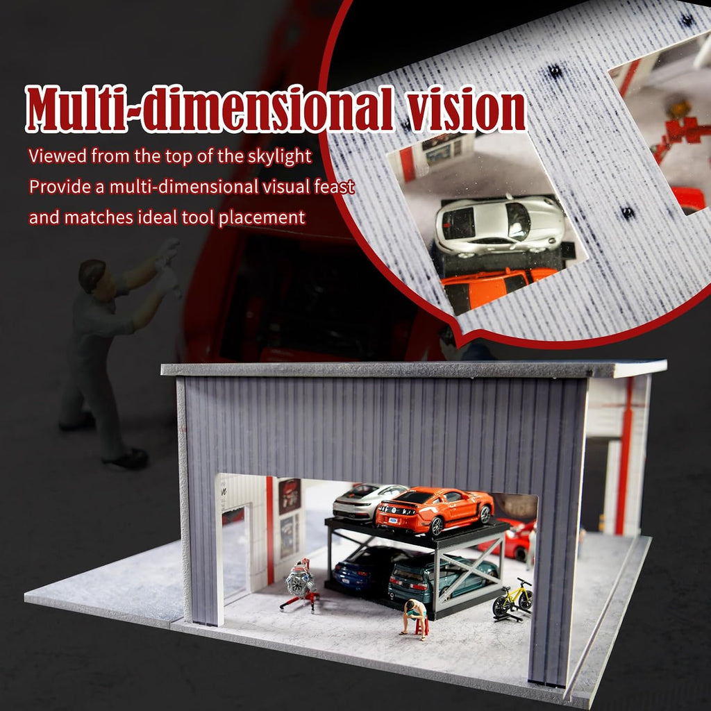 1/64 Scale Model Car Display Case Garage with LED Lights，Diorama Car Garage Parking Lot Compatible with Hot Wheels
