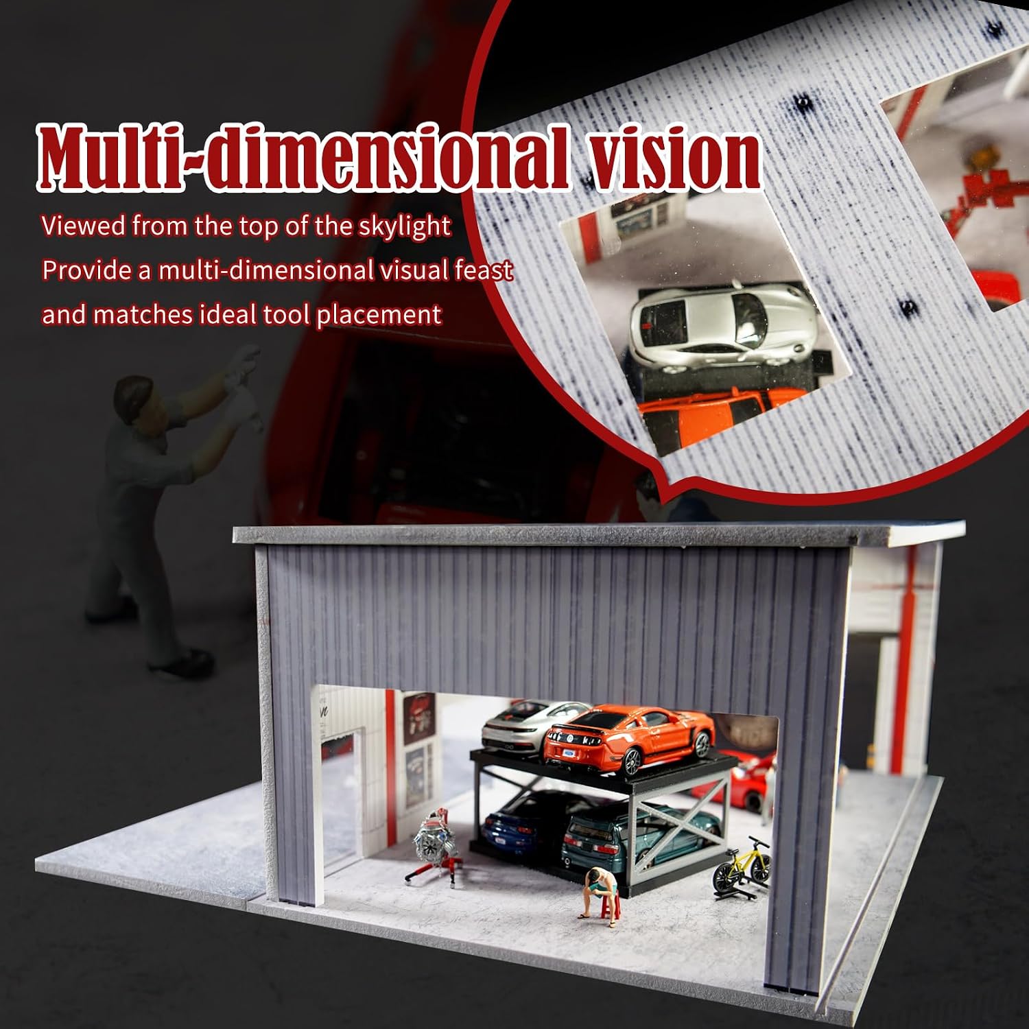 1/64 Scale Model Car Display Case Garage with LED Lights，Diorama Car Garage Parking Lot Compatible with Hot Wheels