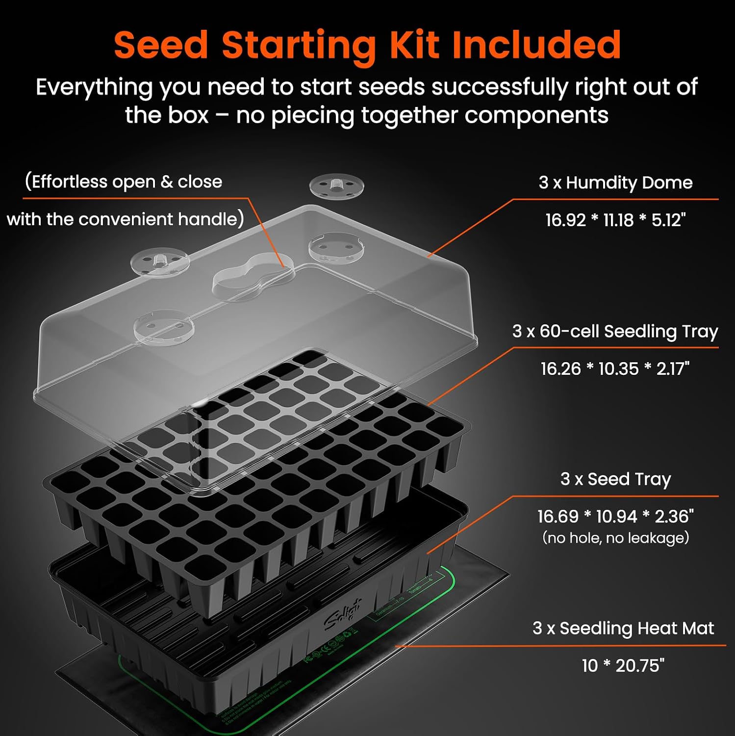 3 Set 60-Cell Seed Starter Kit with Domes, Cell Trays and Heat Mats | Cloning, Propagation and Germination Station