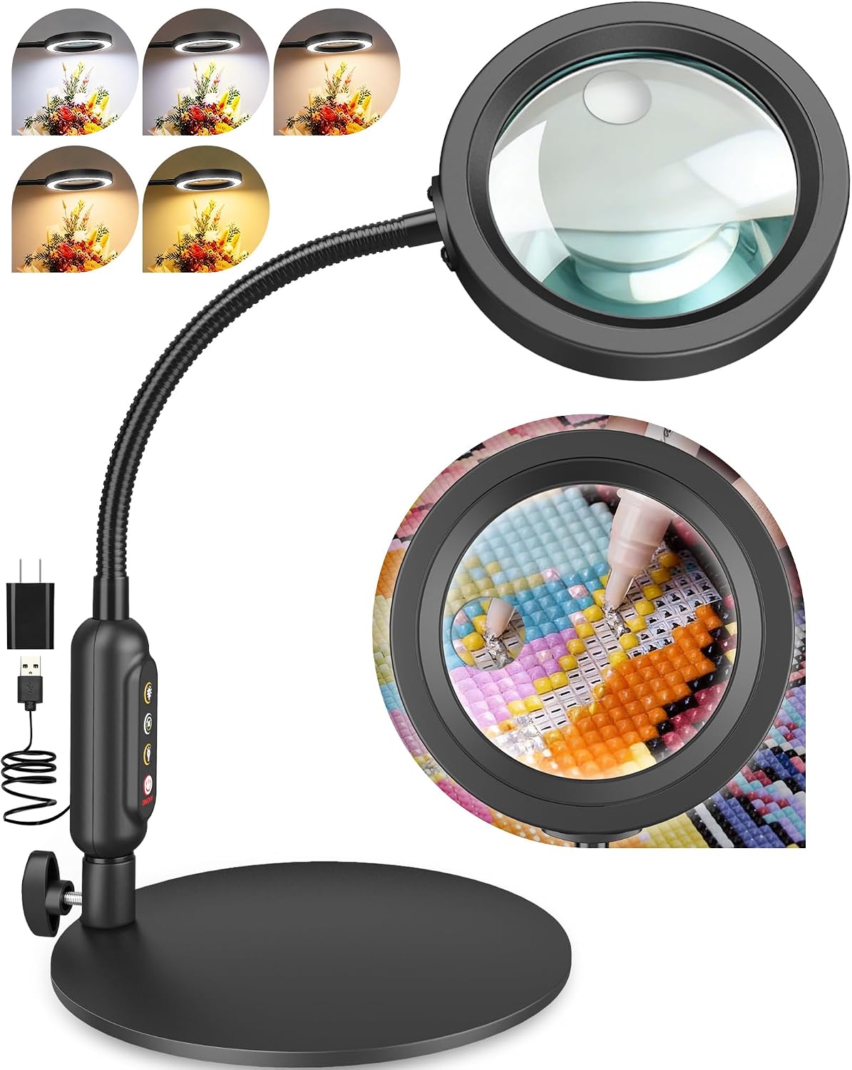 30X 10X Magnifying Glass with Light and Stand, 5 Color Modes Stepless Dimmable, Optical Grade HD Lens, LED Lighted