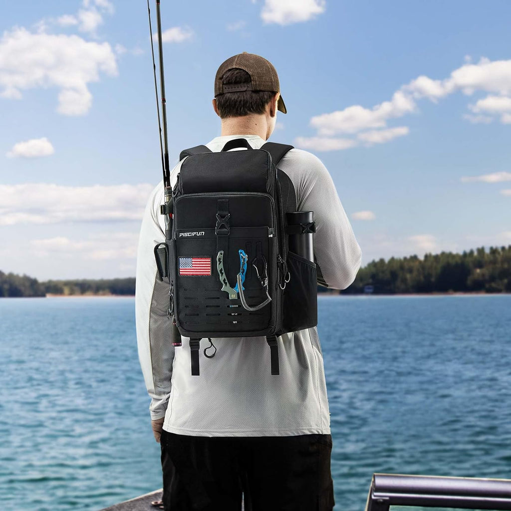 Fishing Tackle Backpack with Rod & Gear Holder, Lightweight Fishing Tackle Storage Bag with Protective Rain Cover