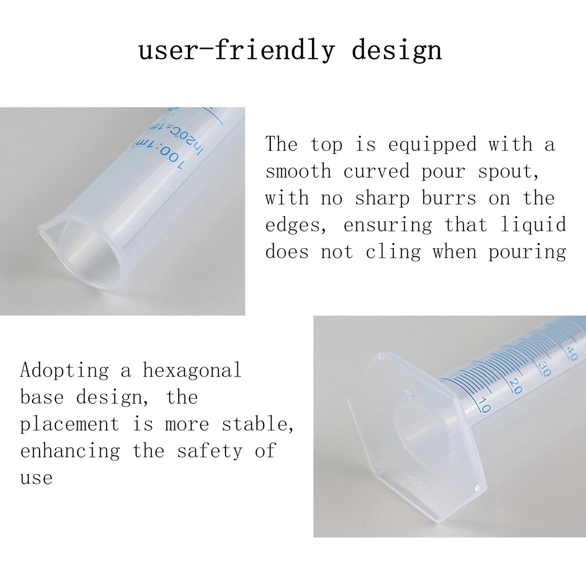 100ml Plastic Graduated Cylinder, Hexagonal Base, Double Scale