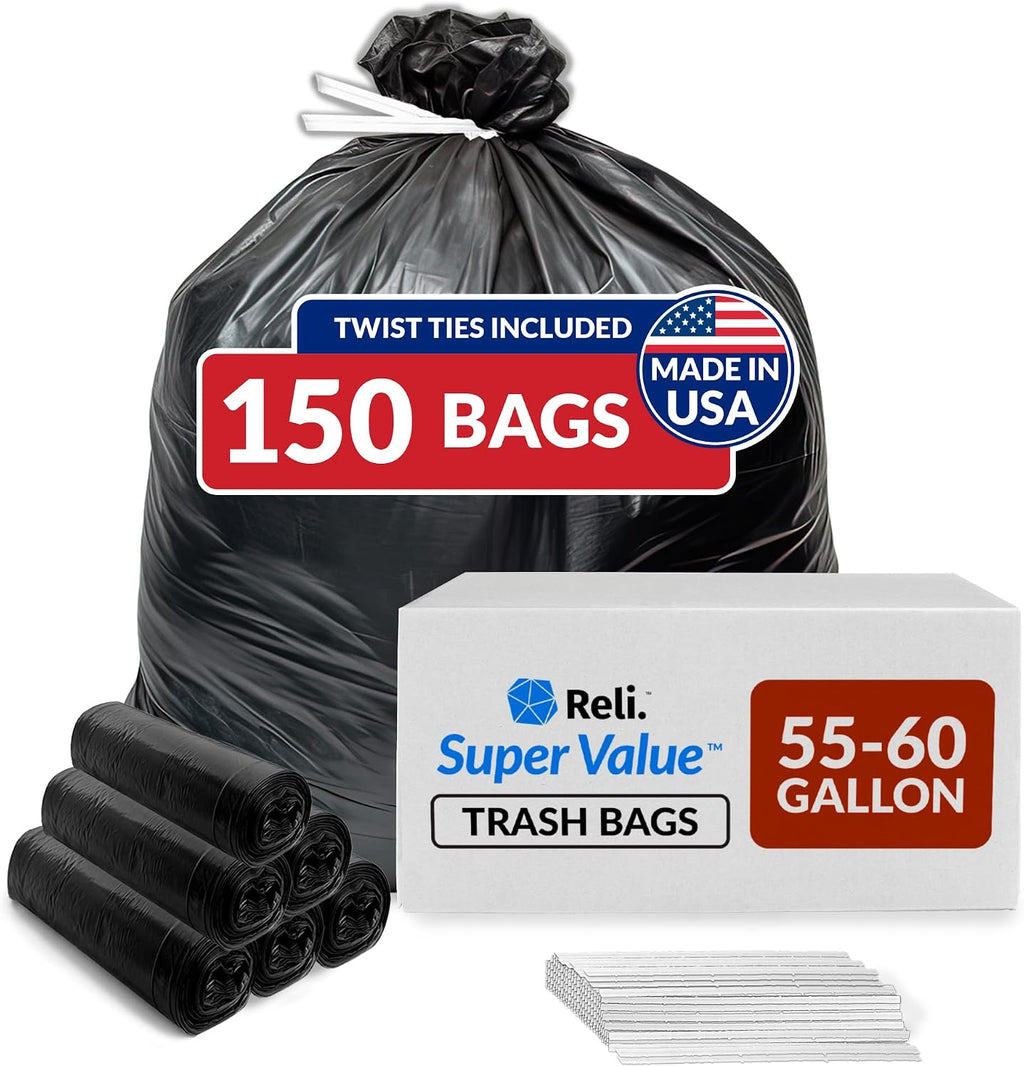 55-60 Gallon Trash Bags Heavy Duty | 150 Trash Bags, Twist Ties | Black, Serious Garbage Cleanup | Large Garbage Bags