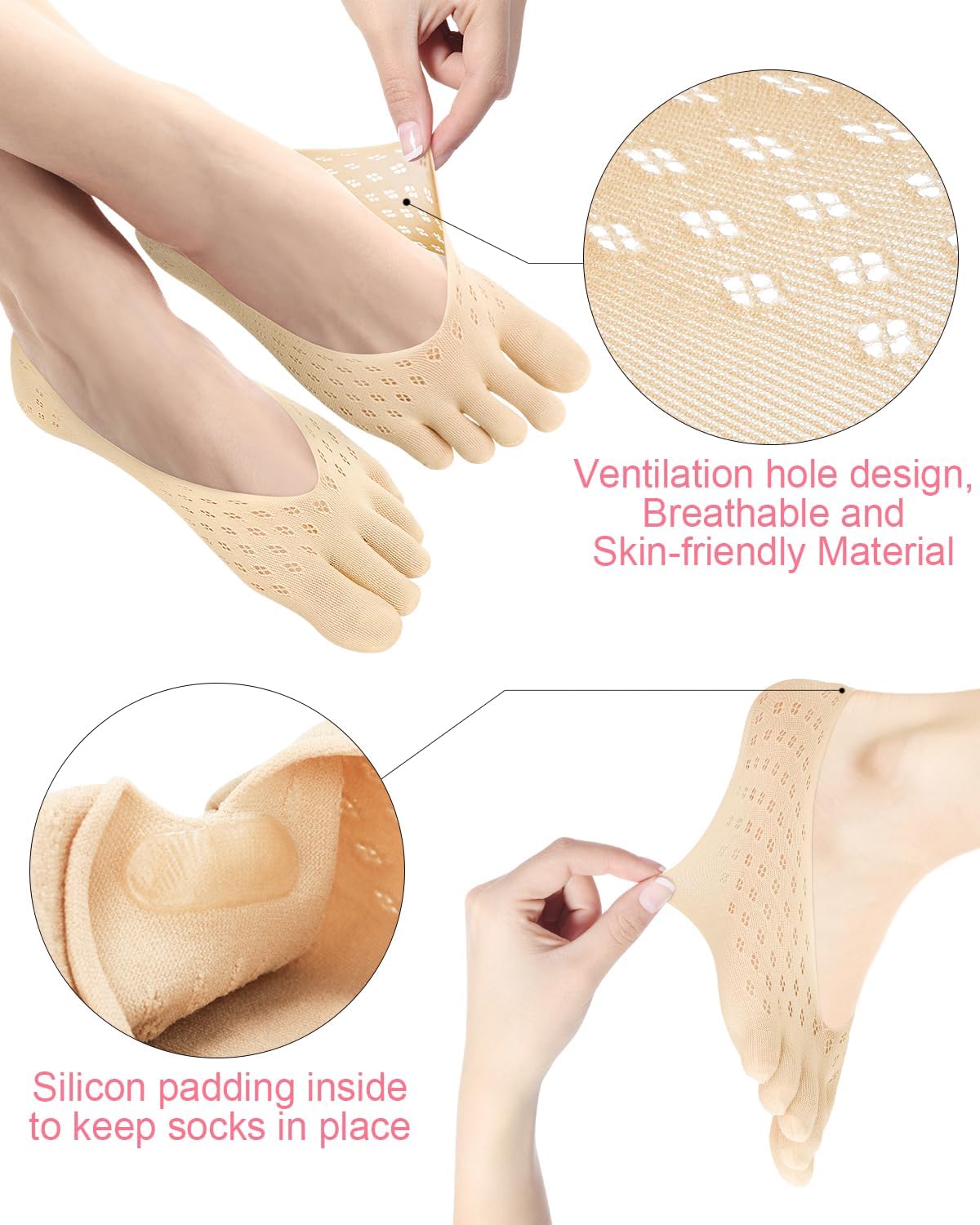 6 Pair Bunion Relief Socks, Toe Alignment Compression Toe Separator Socks, No Show Low Cut Liner Five Finger for
