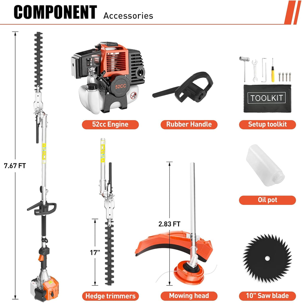 52cc 3 in 1 Multi Functional Trimming Tools, 2-Stroke Brush Cutter Gas Powered,Gas Weed Eater Trimmer with 3