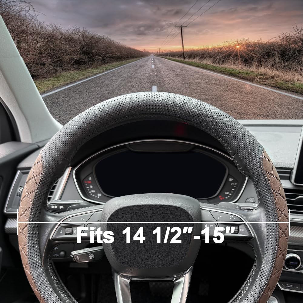 Nappa Leather Steering Wheel Cover,Elegant Diamond Checkered Design, Non-Slip wear-Resistant, Enhance Driving