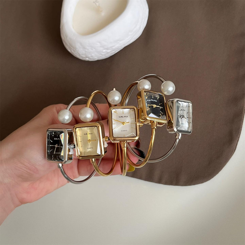 Pearl Bangle Watch for Women, Gold Bracelet Watch with Square Easy Read Dial, Dainty Elegant Cuff Watch for Women