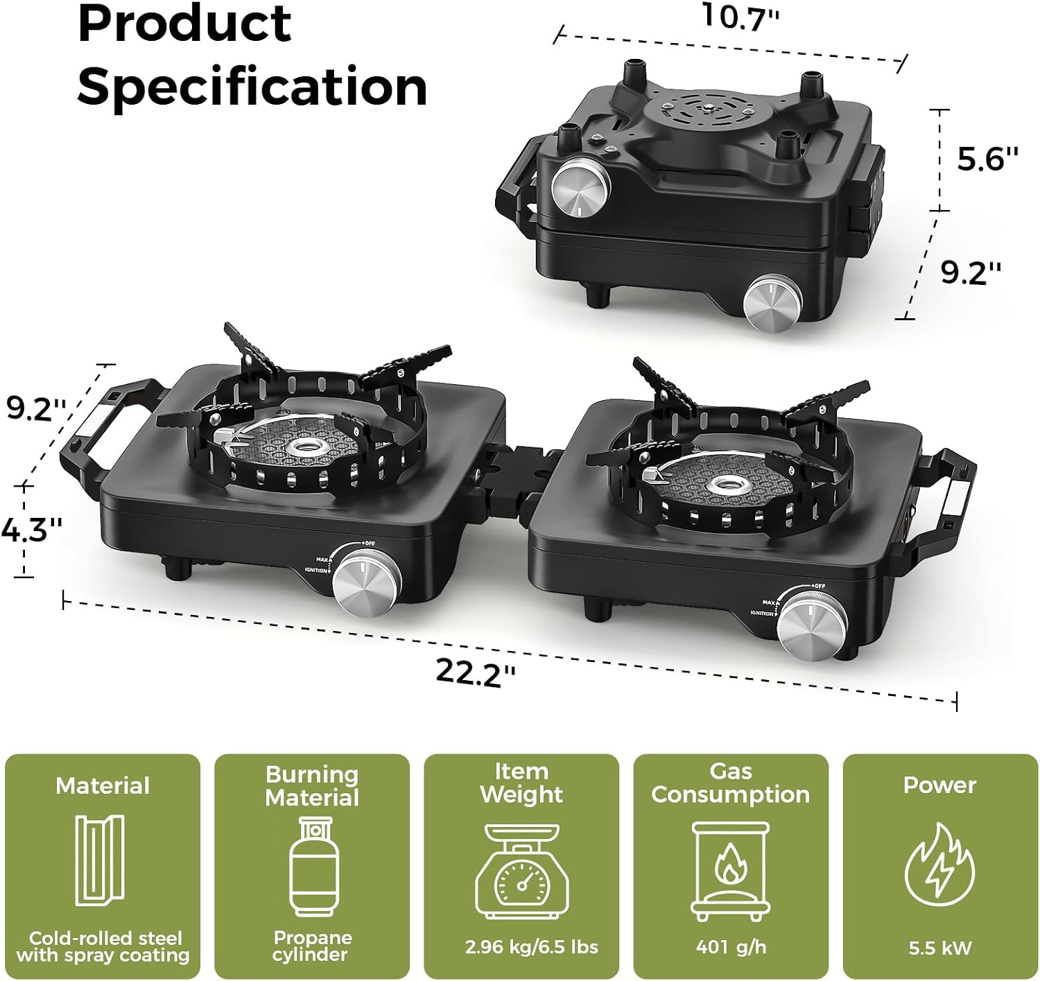 Propane Camping Stove 2 Burner, 36,000 BTU Infrared & Open Flame Hybrid, Windproof Folding Portable Outdoor Gas