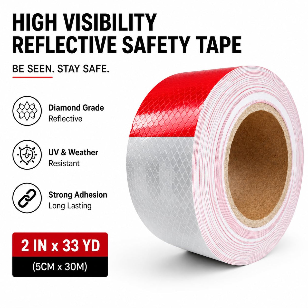 Red White Reflective Safety Tape, 2 In x 33 Yd Self Adhesive Warning Tape