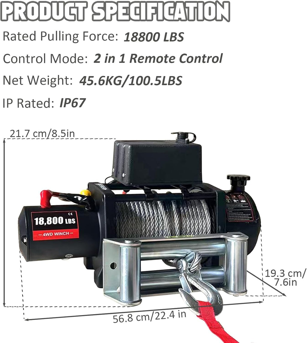 18,800 lb 12V Electric Winch with Wireless Remote Control, Heavy-Duty Truck and SUV Winch kit, 78 ft Rope Steel