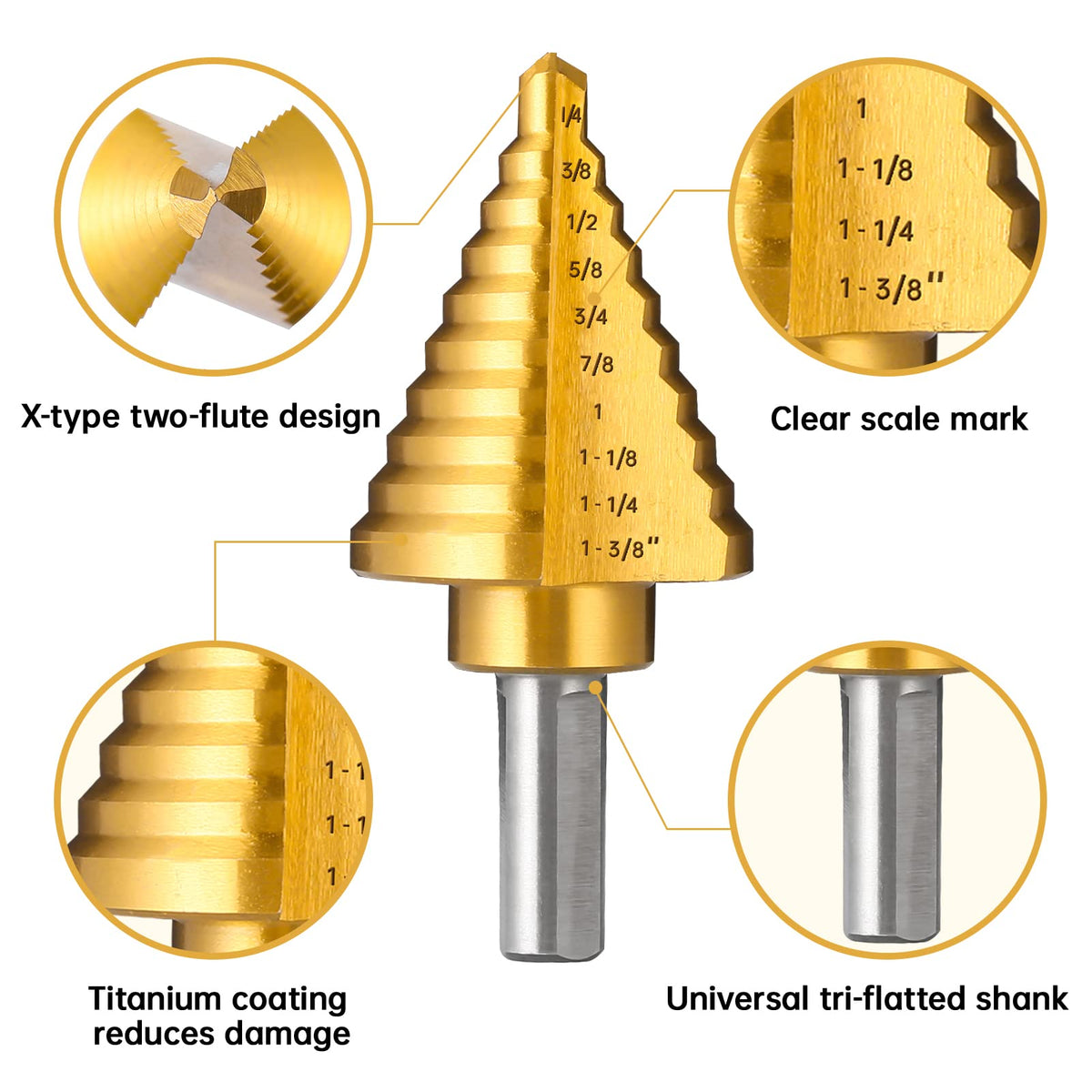 IRONANT 1/4" to 1-3/8" Titanium HSS Step Drill Bit for Metal Unibit