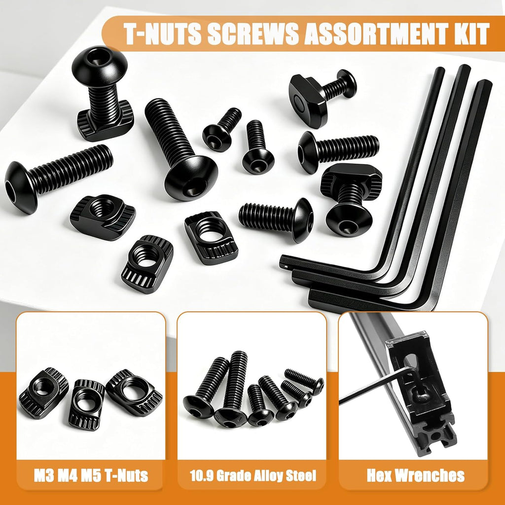 260PCS M3 M4 M5 T-Nuts Screws Assortment Kit 10.9 Grade Alloy Steel Metric Hex Button Head Cap Screws for