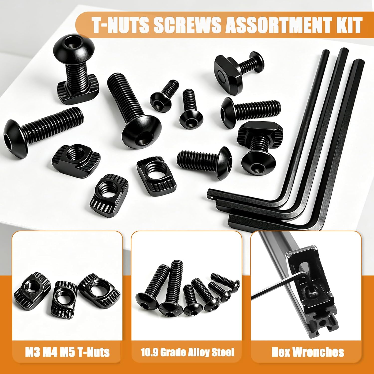 260PCS M3 M4 M5 T-Nuts Screws Assortment Kit 10.9 Grade Alloy Steel Metric Hex Button Head Cap Screws for
