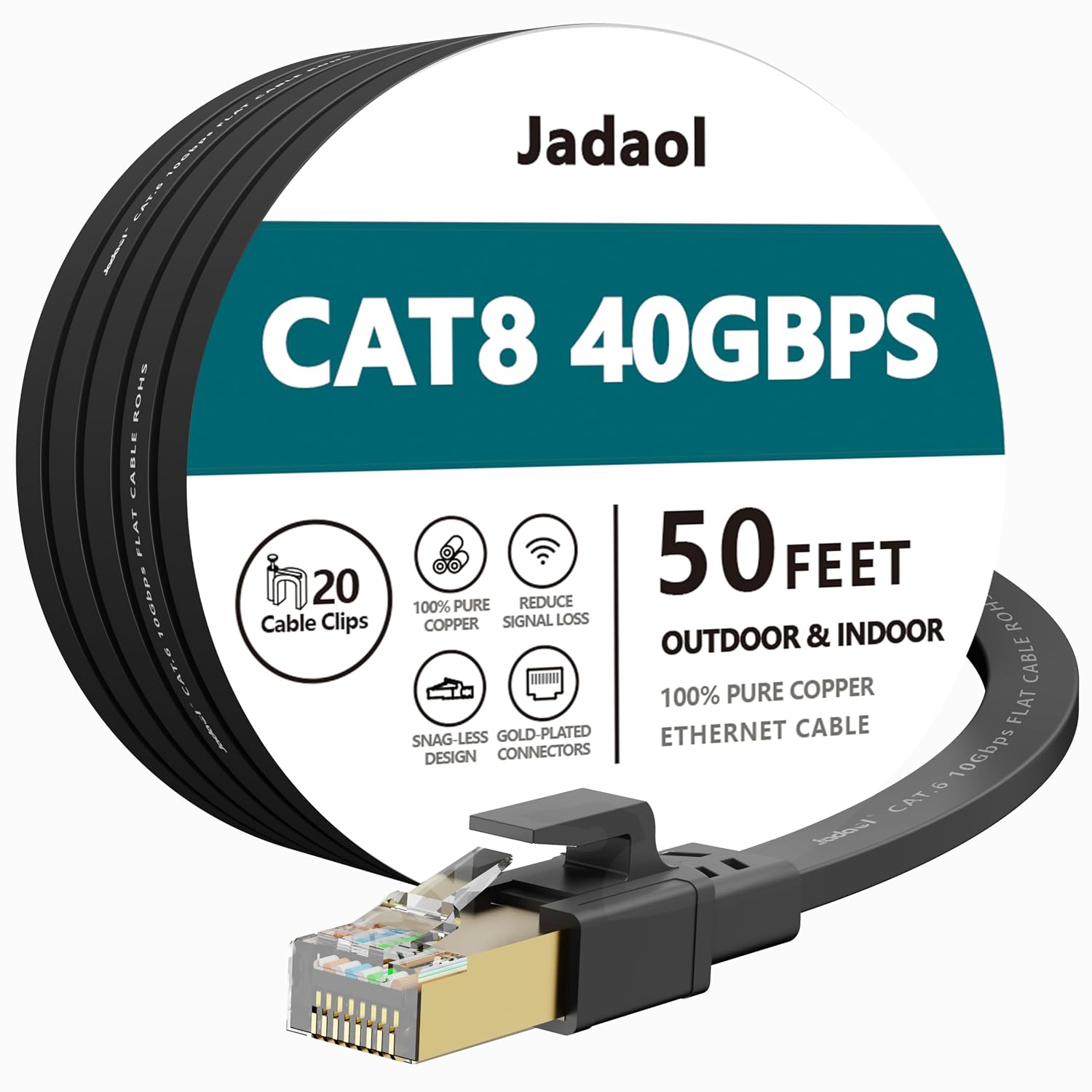Cat8 Ethernet Cable 50ft 40Gbps 2000MHz Flat S/FTP LAN Cable Black | High-Speed RJ45 Network Patch Cable for Router