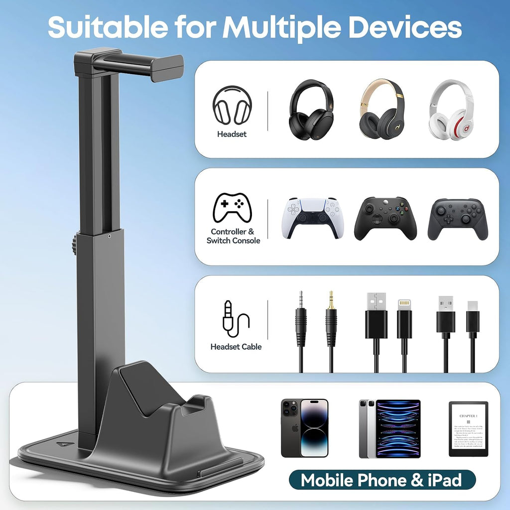 Gaming Headset & Controller Stand, Rotating Headphone Storage with Controller & Phone Holder, Game Desk Storage with