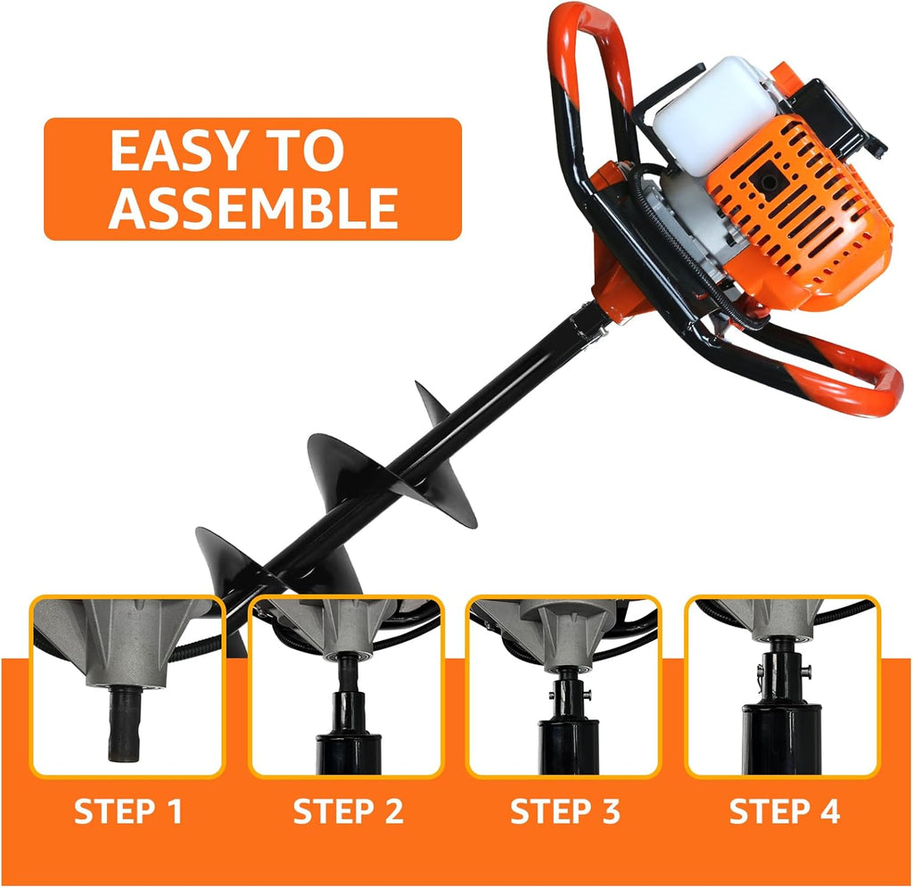 62CC 2-Stroke Gas Powered Post Hole Digger with 3" & 5" & 8" Auger Bits + 24“ & 24" & 24" Extension Rod, Heavy Duty